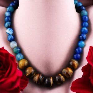 Tucson gem week 409 Cts Natural Tiger Eye & Blue Onyx Round Shape Beads Necklace